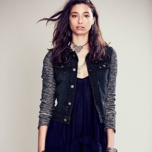 Free People Black Distressed Button Denim Jacket